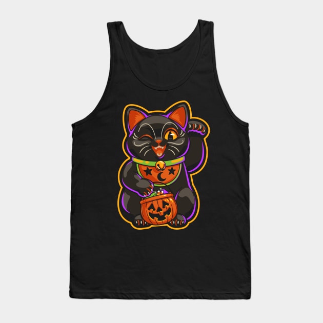 Halloween Lucky Black Cat Maneki Neko Tank Top by CTKR Studio